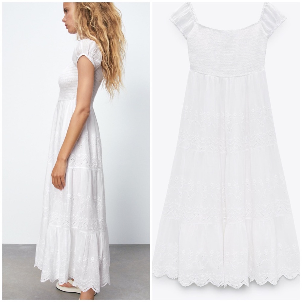 NWT Zara openwork embroidered dress oyster white size medium midi maxi